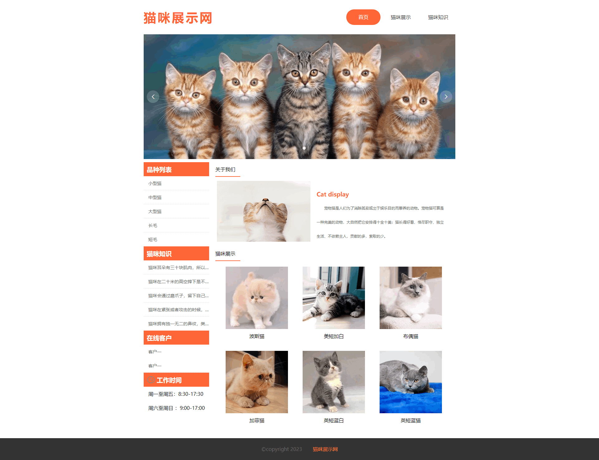 【html+css+javascript】动物3页 猫咪展示网  带js轮播图